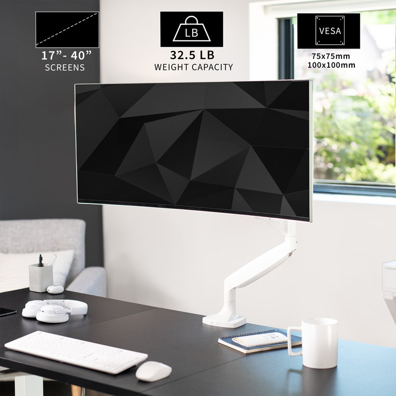 White Adjustable Single Monitor Desk Mount with Pneumatic Arm