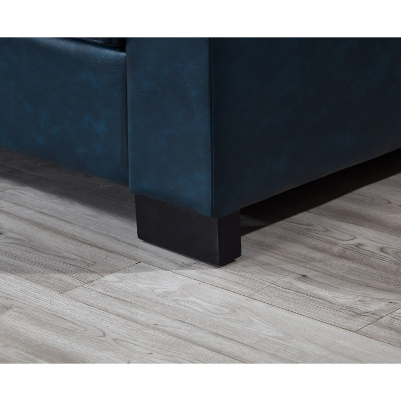 Canapé de salon 93,7 po en similicuir de style moderne, canapé à accoudoirs carrés avec porte-gobelet, canapé de rangement, similicuir rembourré bleu marine.