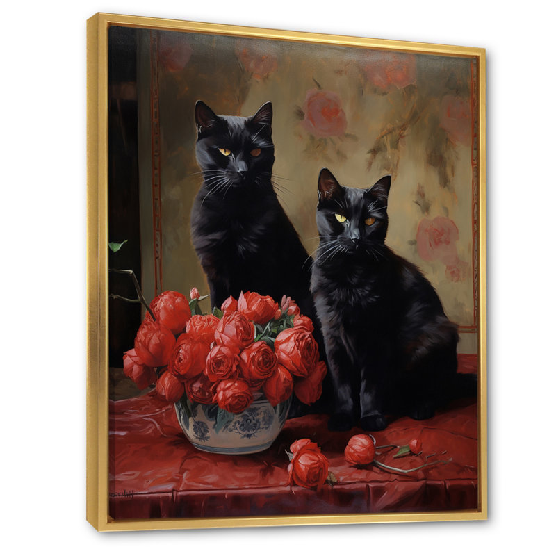 Deux chats noirs avec roses rouges, reproduction d'art sur toile I, H 40 po x l 30 po x P 1,5 po, Cadre flottant doré