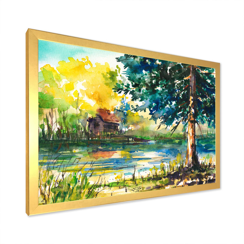 Paysage avec arbre bleu au bord de l'eau - Peinture sur toile, H 24 po x l 32 po, Cadre doré