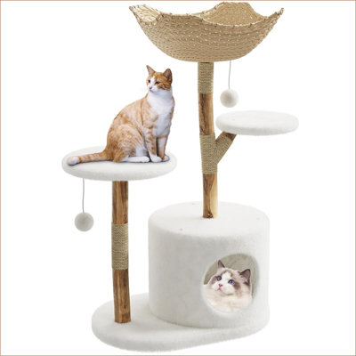 Arbre à chat de 43 po en bois naturel moderne pour chat avec tour de chat avec grand panier, poteaux à griffes et branches réelles, arbre de chat blanc de luxe sur un perchoir