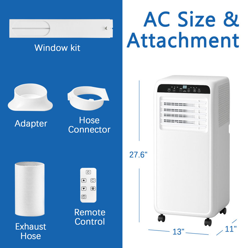 8000Btu Portable Air Conditioner, 3-In-1 Free Stand Smart Cooling Ac Unit With Dehumidifier, Fan, Cools Room Up To 400 Sq.ft, 24H Timer, Installation Kit