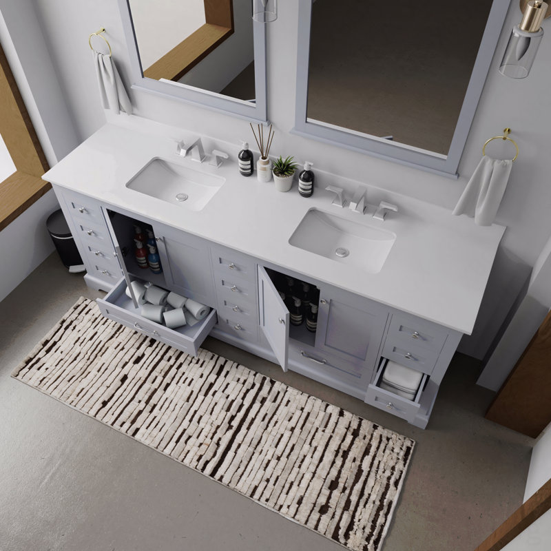 Ensemble de meuble-lavabo double l 84 po x P 22 po avec comptoir en quartz blanc et robinet, Gris