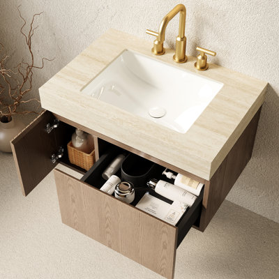 Floating 30" Bathroom Vanity With Sintered Stone Countertop, Ceramic Basin, 3 Faucet Holes, Plywood Storage Drawer And Soft - Close System, Sink, Top, Basin Cabinet Door, Pre Assembled