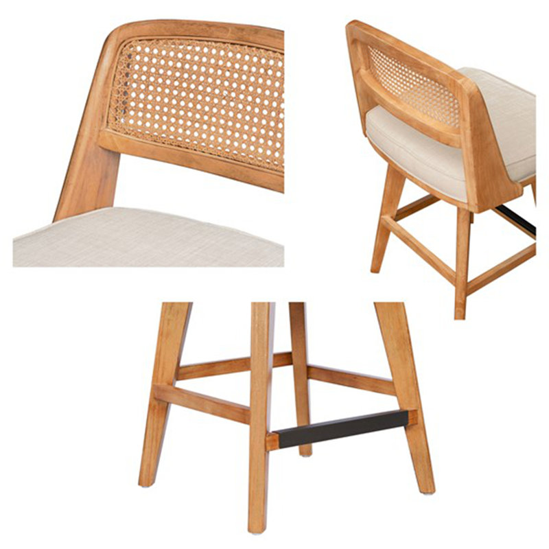 Natural Wood and Beige Woven Rattan Swivel Counter Stool