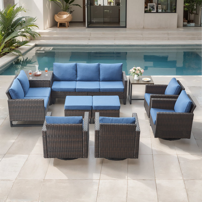 Ingvald 9 Person Outdoor Patio Wicker Family Conversation Set Group With Swivel Chairs And Storage, Blue