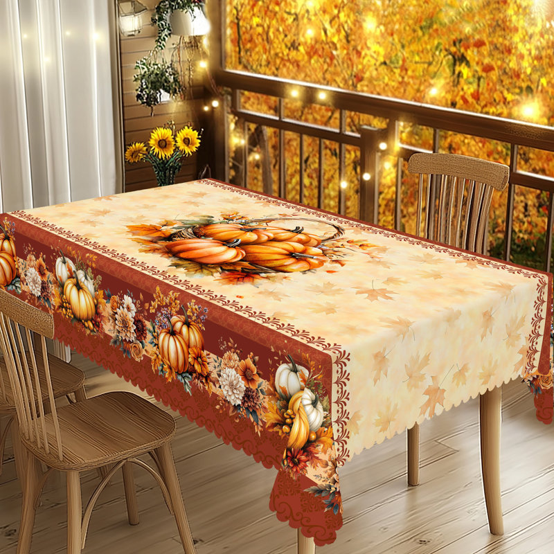 1pc Autumn Decor Thanksgiving Polyester Tablecloth, Pumpkin, Maple Leaves, And Sunflowers Pattern Design, Rectangular And Round Autumn Harvest Tablecloth, Thanksgiving Gift, Suitable For Fall Indoor/Outdoor Use, Camping And Picnic Decoration