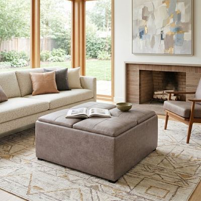 Avalon 35"W Upholstered Distressed Vegan Leather Modern Square Coffee Table Storage Ottoman with 4 Trays