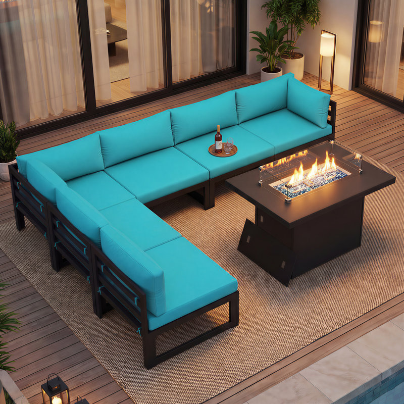 Tuyen 7-Piece 6-Person Outdoor Patio All-Aluminum Sectional Conversation Set with 60,000 BTU Fire Pit Table and 4" High-Resilience Foam Cushions