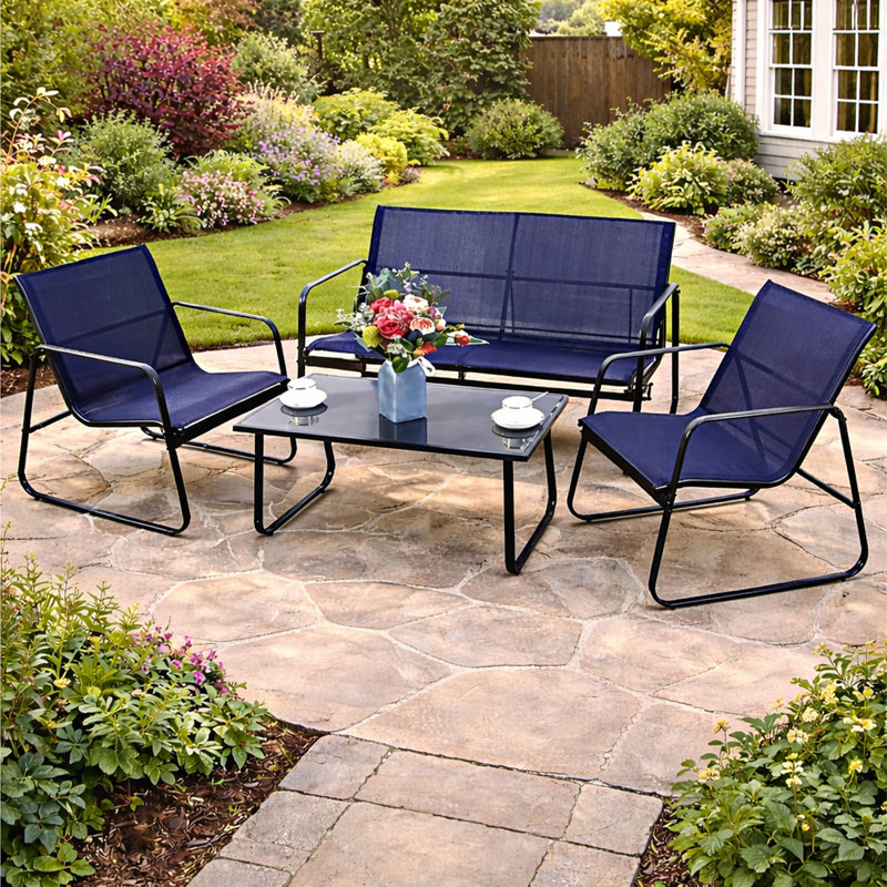 Kozyard Sofia 4-Piece Outdoor Patio Furniture Set, Textilene Conversation Set with Metal Frame, Loveseat, 2 Chairs & Table, All-Weather Seating for Porch, Balcony, Backyard (NavyBlue)