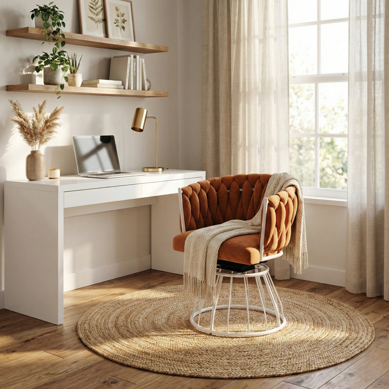 Comfy Swivel Chair Home Office Chair with Hand Woven Back, Orange