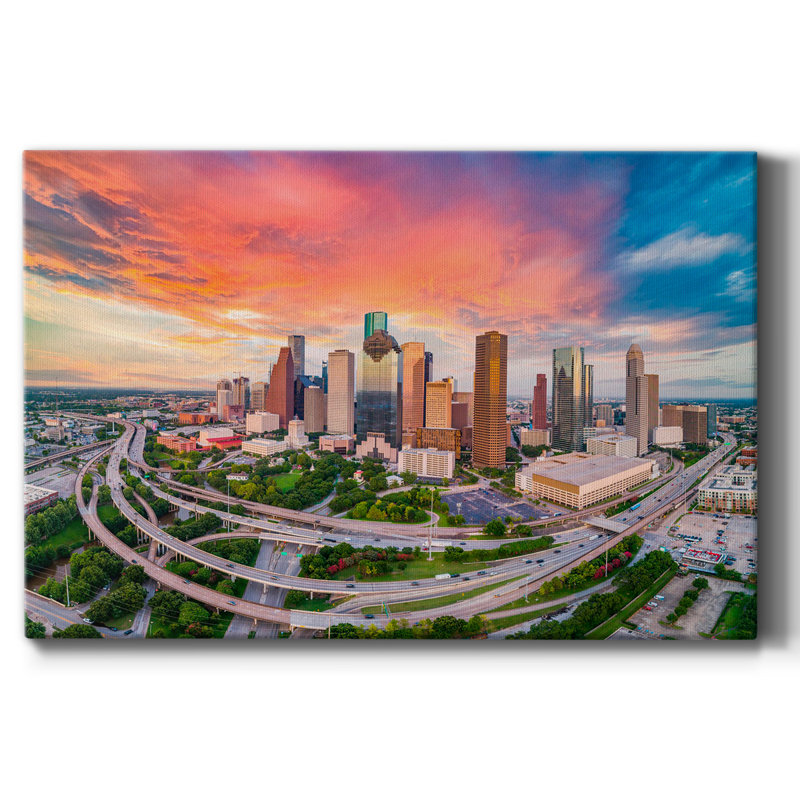 27_Houston, Texas, États-Unis Toile tendue avec châssis Skyline At Sunset - prête à être accrochée