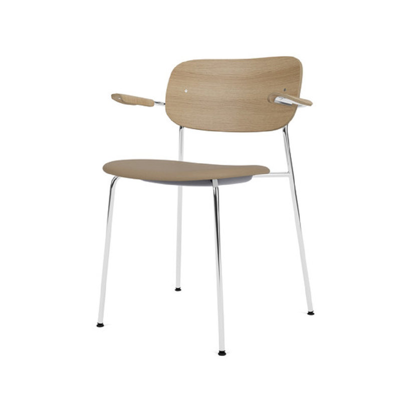 Co Upholstered Arm Chair, Natural Oak, Chrome, Brown Leather