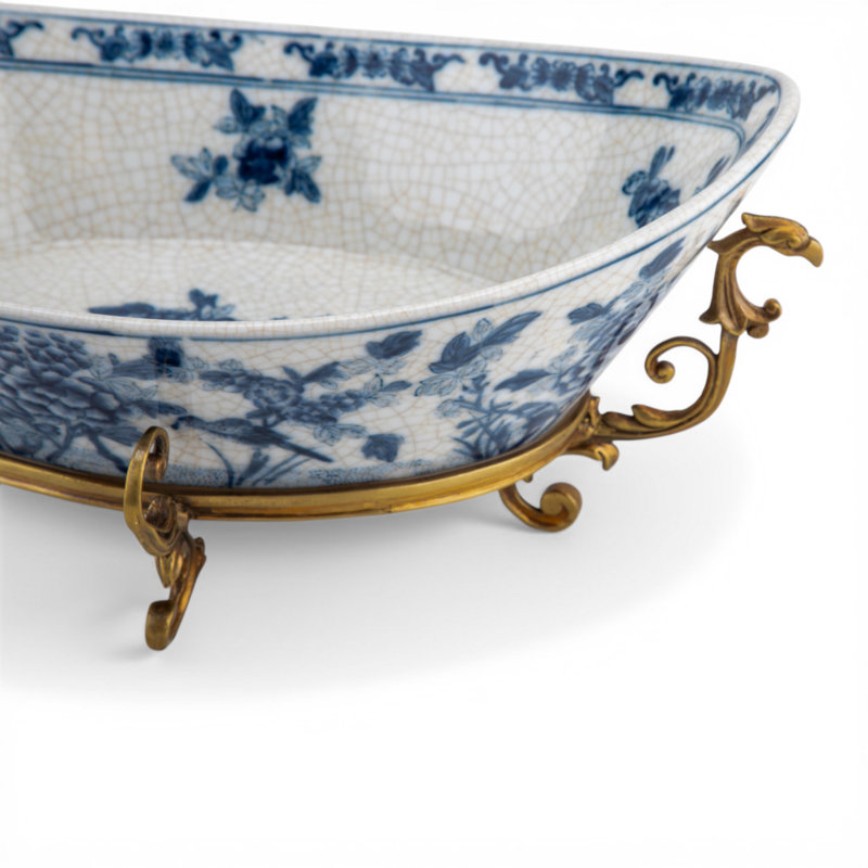 Blue White Floral Bird Oval Basin