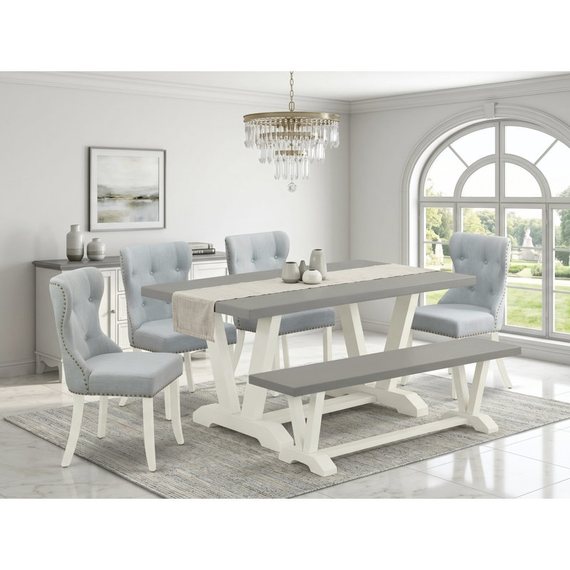 Ensemble de table de salle à manger 6 pièces - 4 chaises de cuisine en tissu de lin bleu bébé avec dossier capitonné - Une table de cuisine et 1 banc de salle à manger en lin brossé blanc.