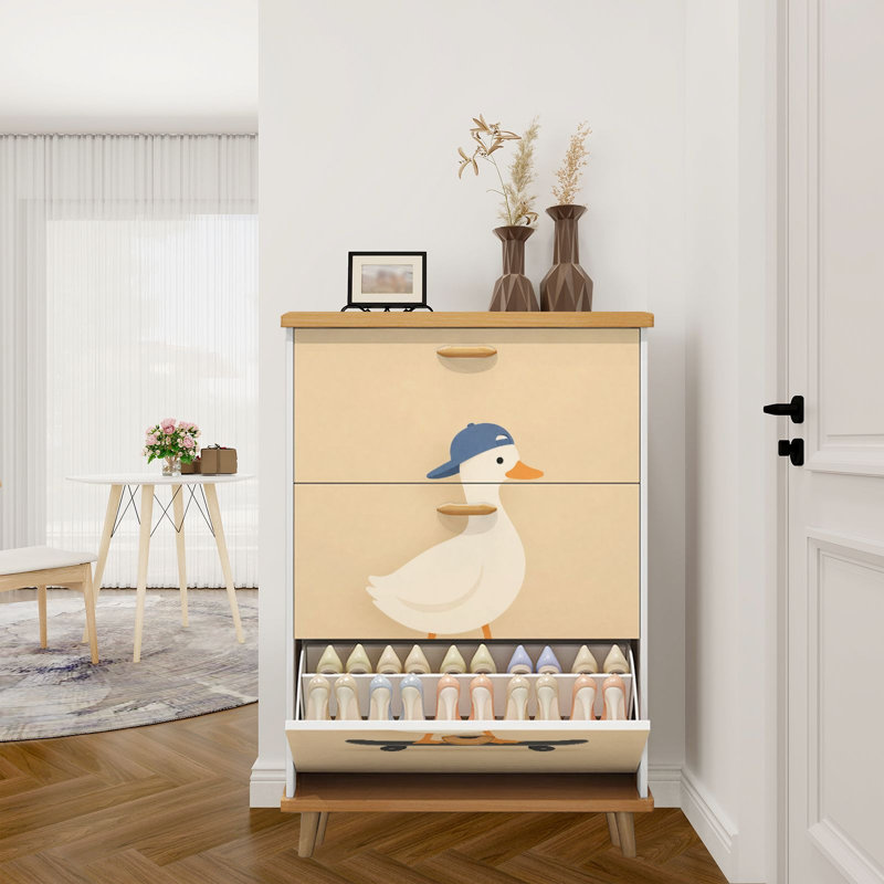 Armoire de rangement pour chaussures avec 3 tiroirs rabattables pour un canard mignon portant un range-chaussures beige