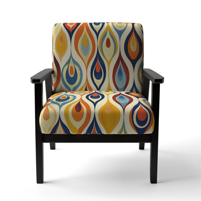 Retro Abstract Drops XI - Velvet Upholstered Midcentury Arm Chair, Midcentury Accent Chair, Yellow/Blue, Black