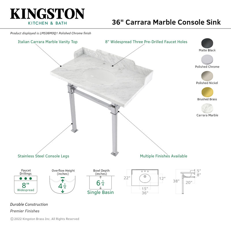 Kingston Brass Viceroy 36-Inch Carrara Marble Console Sink with Stainless Steel Legs (8-Inch, 3-Hole)