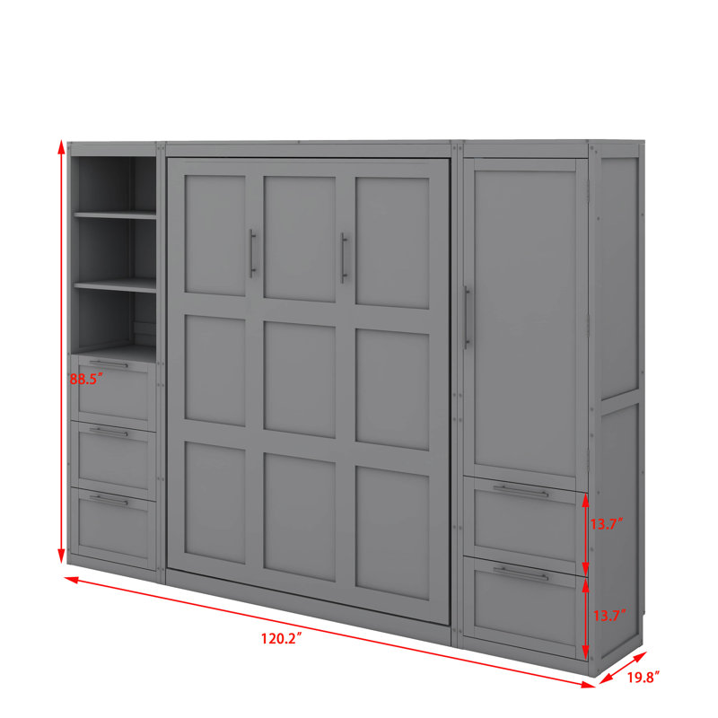 Grand lit escamotable mural intégré avec espace de rangement pour garde-robe, gris