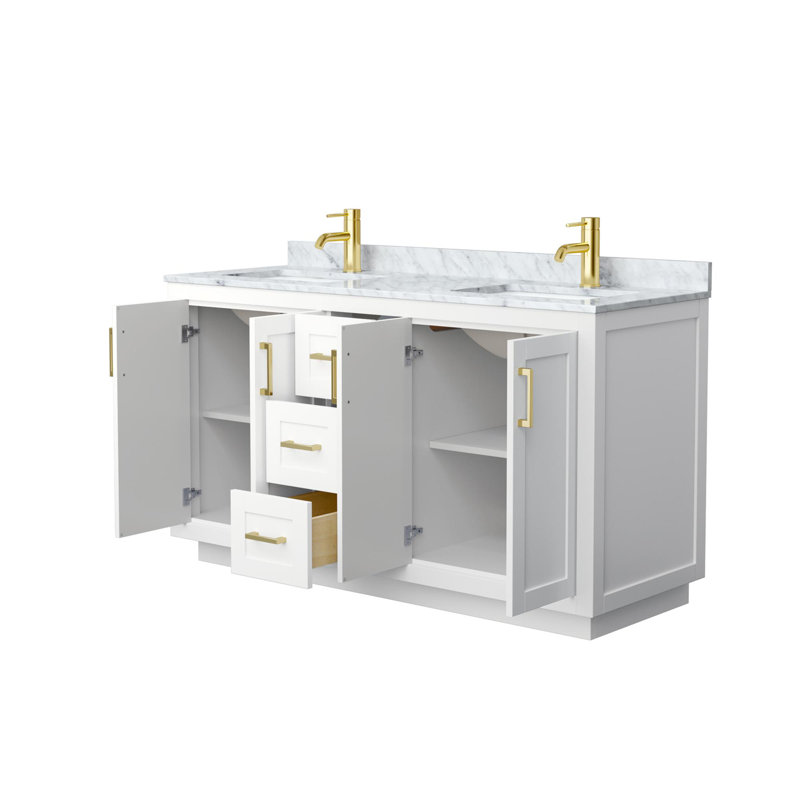 Miranda 60" Freestanding Double Bathroom Vanity with Marble Top, White, Brushed Gold