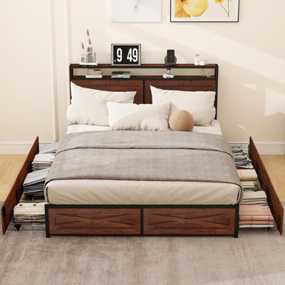 Full Size Bed Frame With 6 Storage Drawers & LED Headboard – Charging Station, Smart RGB Lighting, No Box Spring Needed, Easy Assembly (Black-Red)