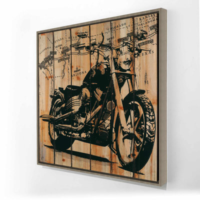 Moto sur fond de bois | Toile encadrée beige
