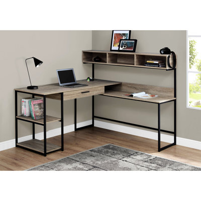 Home Office L-shape Desk With Open Shelf And Drawer Storage, Brown Taupe Laminate Black Metal Contemporary L Shape Storage , Wood