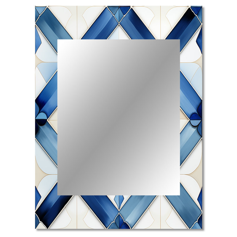 Carreaux bleus et blancs - grand miroir géométrique, décor de miroir mural moderne unique, impression d'art en métal