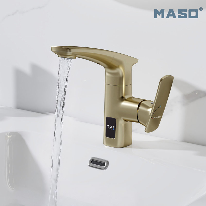 Robinet de lavabo de salle de bain escamotable sans contact MASO, 2 modes de jet, affichage de la température (° F), capteur de mouvement, pivotant à 360 °, poignée simple, 1 ou 3 trous, meuble-lavabo, lavabo et bar, or brossé