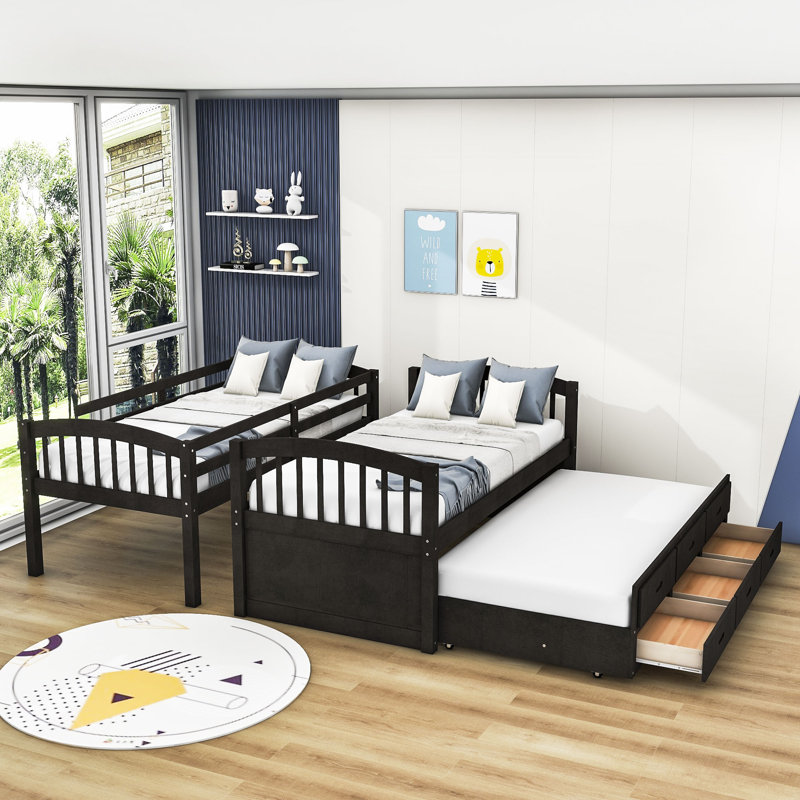 Dormalee Kids Twin Over Twin Bunk Bed with Trundle with Drawers, Espresso