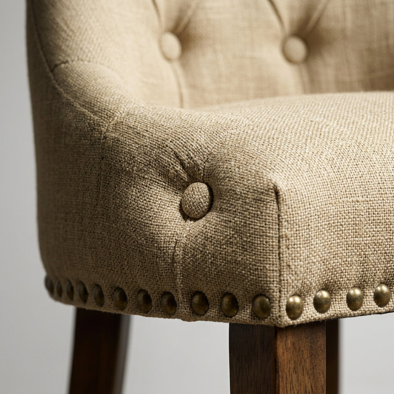 Acacia Walnut Brown Rubberwood Linen Fabric Round 3 Piece Pedestal Button Tufted Back Dining Table Set
