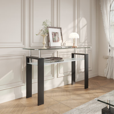 Modern Console Table with 2-Tier Storage Shelf, 47.24" Tempered Glass Top and Stainless Steel Legs, Entryway Table for Hallway, Living Room, and Behind Sofa