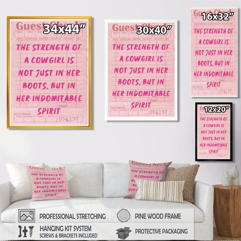 «Force of Cowgirl Is Her Spirit Check» - art mural Cowgirls, H 32 po x l 24 po x P 1 po, Toile avec cadre flottant or