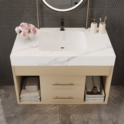 Ensemble de meuble-lavabo flottant 29,9 po avec lavabo sous-comptoir en céramique fritté et fixation murale pour petites salles de bain, appartement