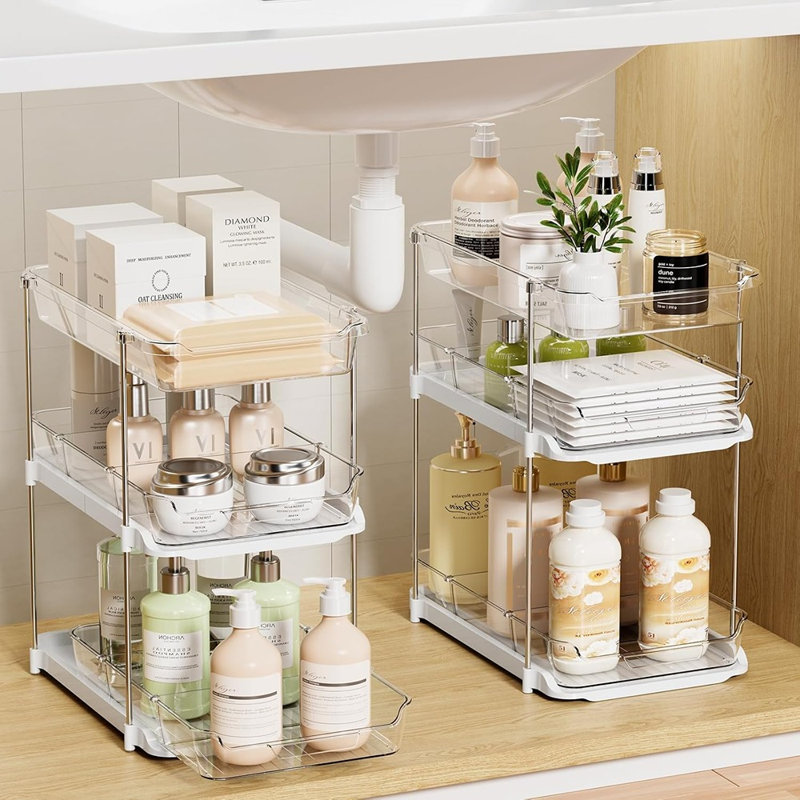 Ensemble de 2 ensembles de rangement de salle de bain - Rangement sous évier empilable à 3 niveaux avec tiroirs et séparateurs, organisateur d'armoire polyvalent pour la cuisine et le garde-manger