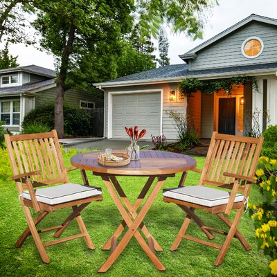 3 Piece Teak Wood Santa Barbara Patio Dining Set, 36"" Round Folding Table With 2 Folding Arm Chairs -  Red Barrel StudioÂ®, 0853235B40DF42ACAD78A28C08117FBC