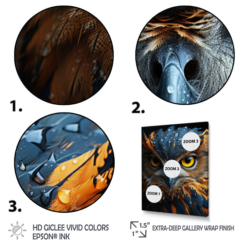 «Brown Owl Animal Portait», reproduction d'art sur toile, H 40 po x l 30 po x P 1,5 po, Cadre photo noir