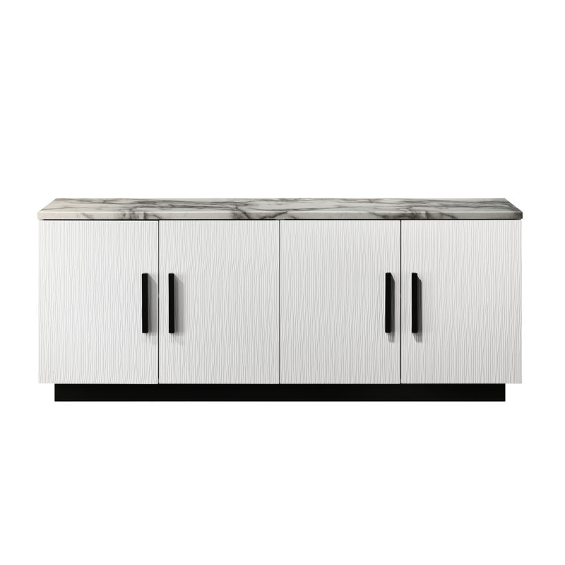 Console de 63 po en faux marbre blanc, 4 portes, tablette réglable, base noire, rangement artisanal avec touche de marbre, procédé de fabrication contrastant