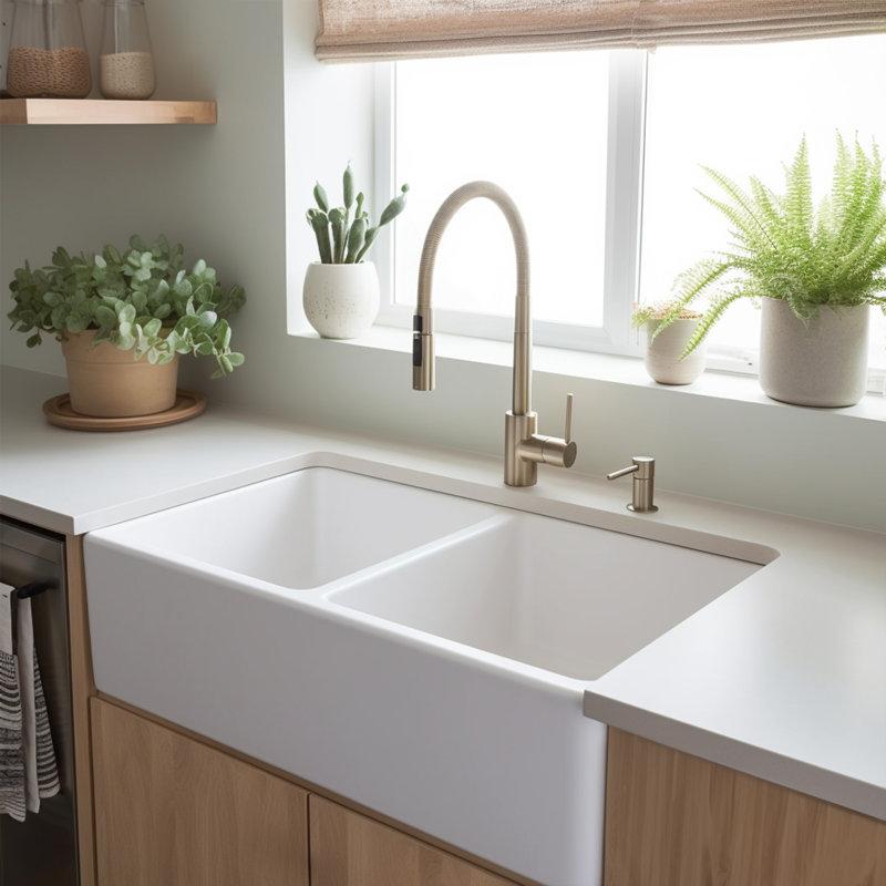 Turner Crisp White Fireclay 33" Double Bowl Farmhouse Apron Front Undermount Kitchen Sink, 33", Double