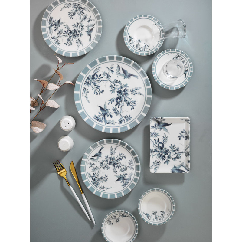 Ensemble de petit déjeuner (27 pièces), Floral, Bleu / blanc