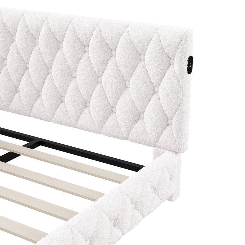 Modern Teddy Fleece Daybed With USB Port & LED Light, Upholstered Bed Frame, European Double (140 x 200 cm), White