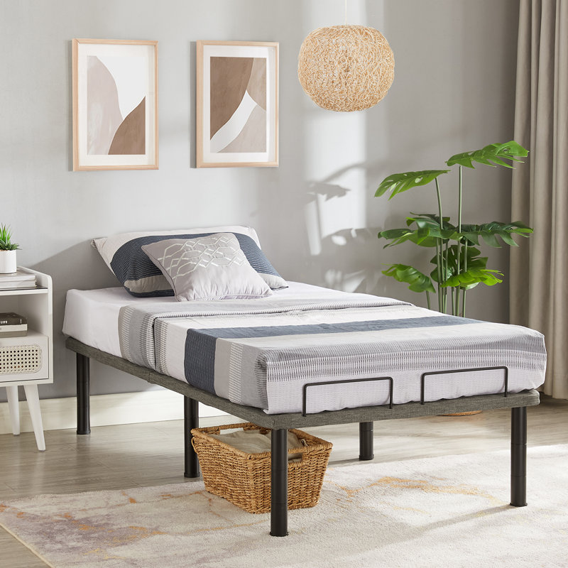 Structure de lit plateforme en acier pliable de 14 po Haslet - Double, filet rembourré gris, pieds réglables, installation sans outil