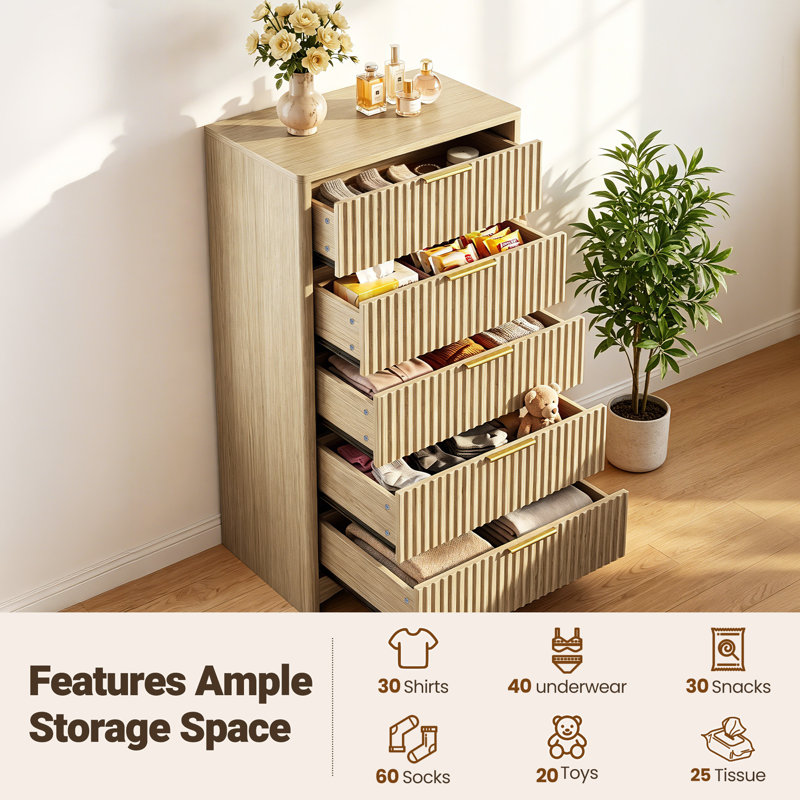 5-Drawer Tall Wooden Dresser with Smooth-Glide Drawers, Natural Oak Finish, Space-Saving Storage for Bedroom, Living Room, and Hallway