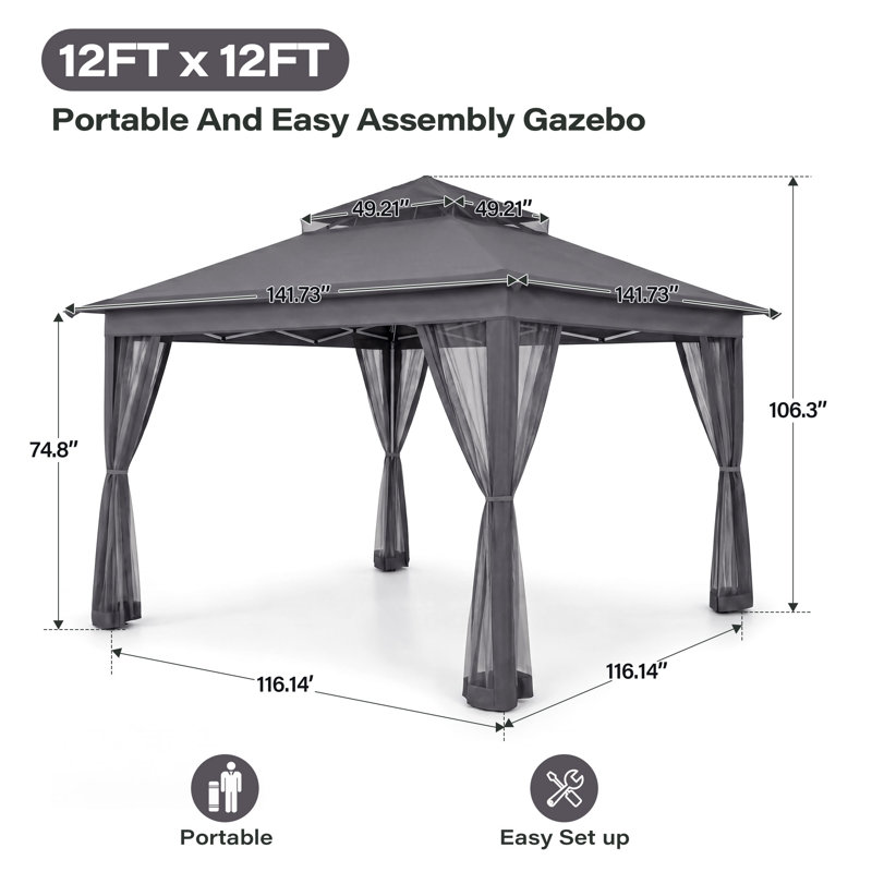 Tente de jardin pliable instantanée de 3,66 m x 3,66 m avec moustiquaire, 12 pi. X 12 pi avec lumière, Gris foncé