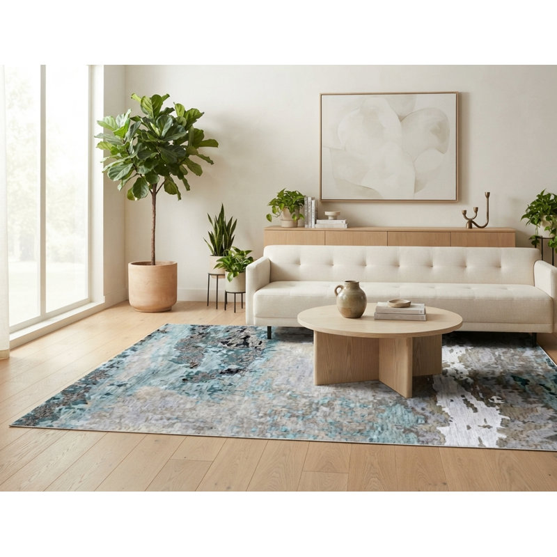 Tapis en laine et viscose abstraits faits à la main brun clair / bleu 17 Stories, Rectangle 7 pi 6 po x 9 pi 6 po
