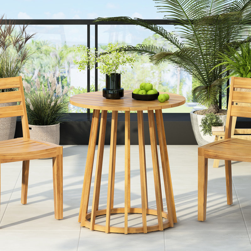 Table ronde d'extérieur en bois, profondeur 26,94, design à lattes, finition bistro naturelle, x 29,4, plateau