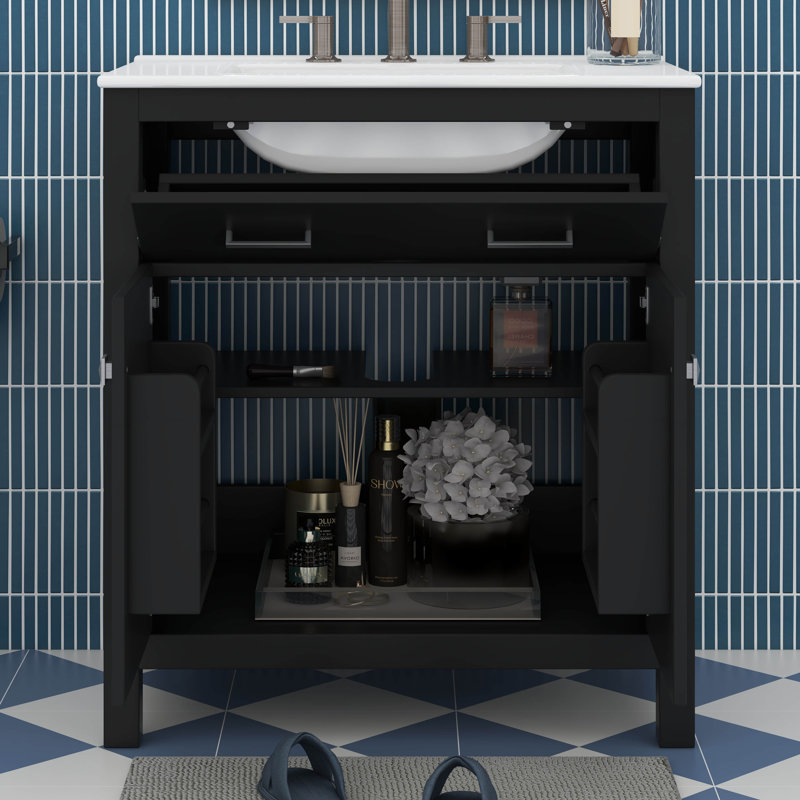 Meuble-lavabo de 30 po avec lavabo en céramique, armoire de salle de bain simple moderne avec 2 portes et une tablette, portes à fermeture douce