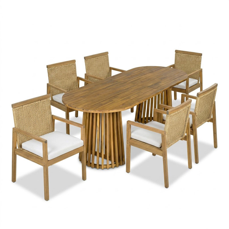 Ensemble repas pour 6 personnes en bois d'acacia avec dossier et coussins en osier Dorset, 7 Pieces: Table, 6 Chairs, Teak