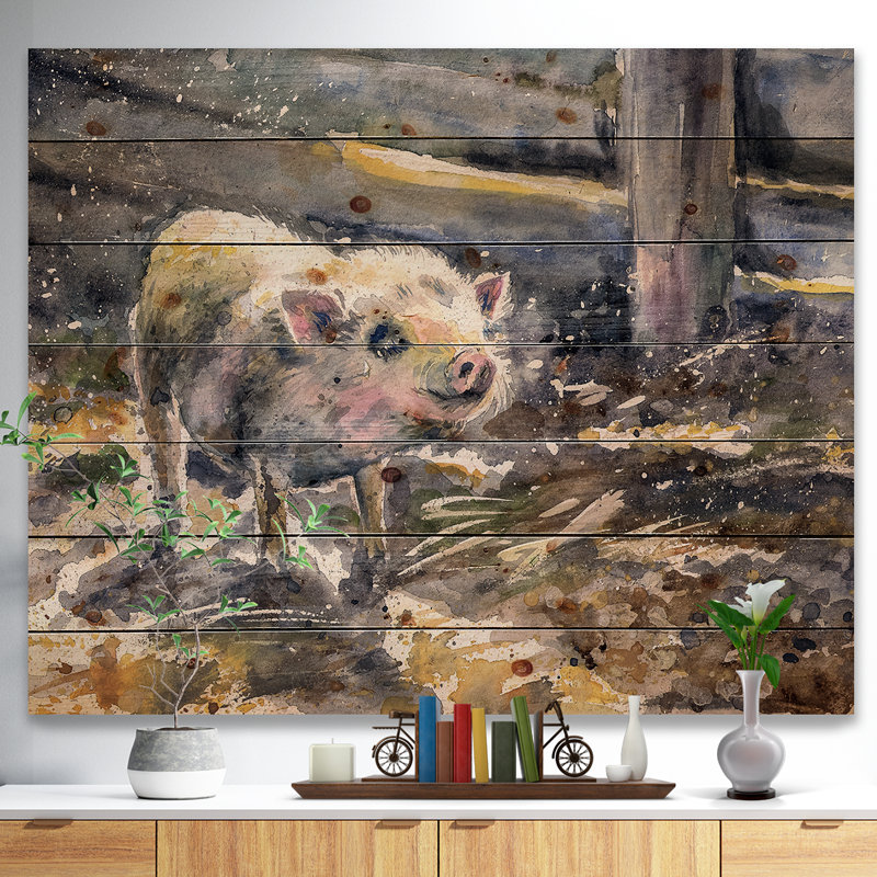 Aquarelle de cochon peinte - imprimé animal de ferme, Bois, H 30 po x l 40 po x P 1,5 po