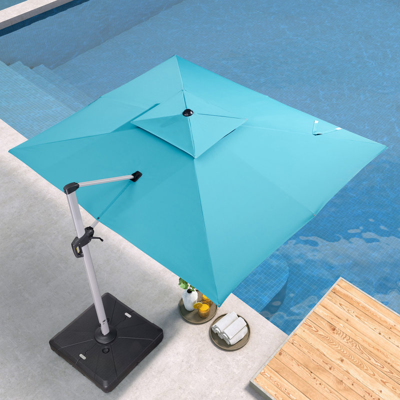 2.75m x3.3m / 2.75m x3.65m Rectangular Cantilever Parasol With Base, Turquoise Blue, 274cm H x 330cm W x 270cm D